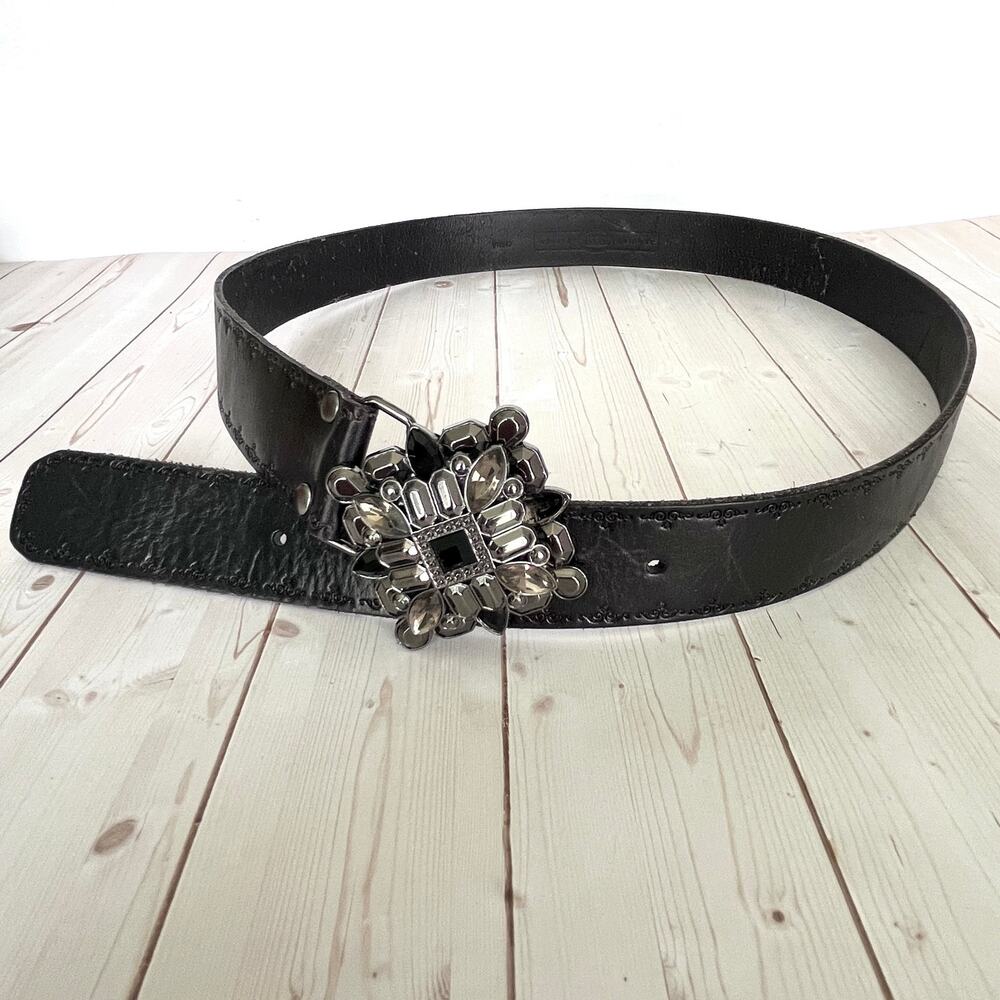 Fossil Black Leather Belt Square Hook Buckle with Faceted Dark Crystals Large